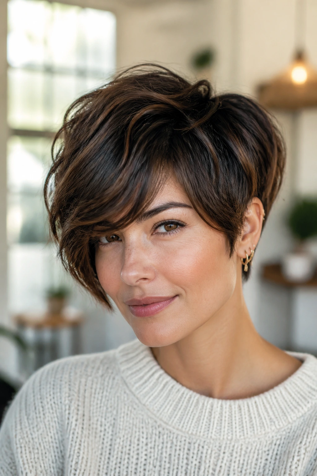 Portrait of a woman with a long-bang pixie bob and side-swept fringe.
