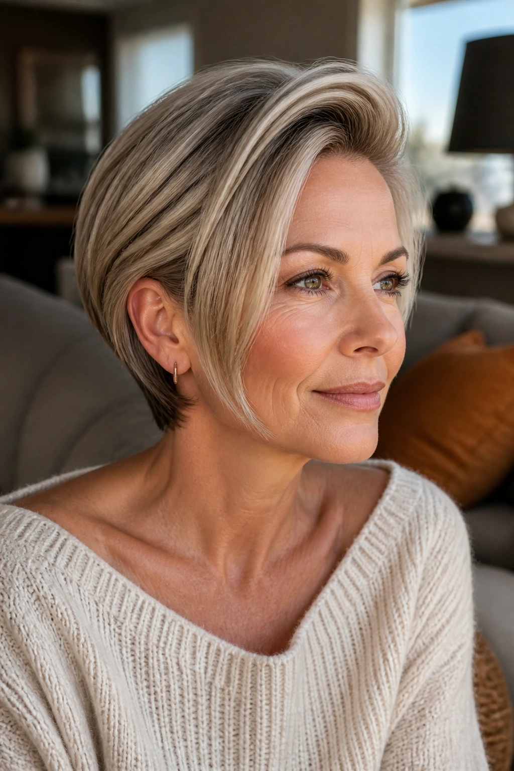 Real woman with long crown pixie bob and cheekbone-length sides.