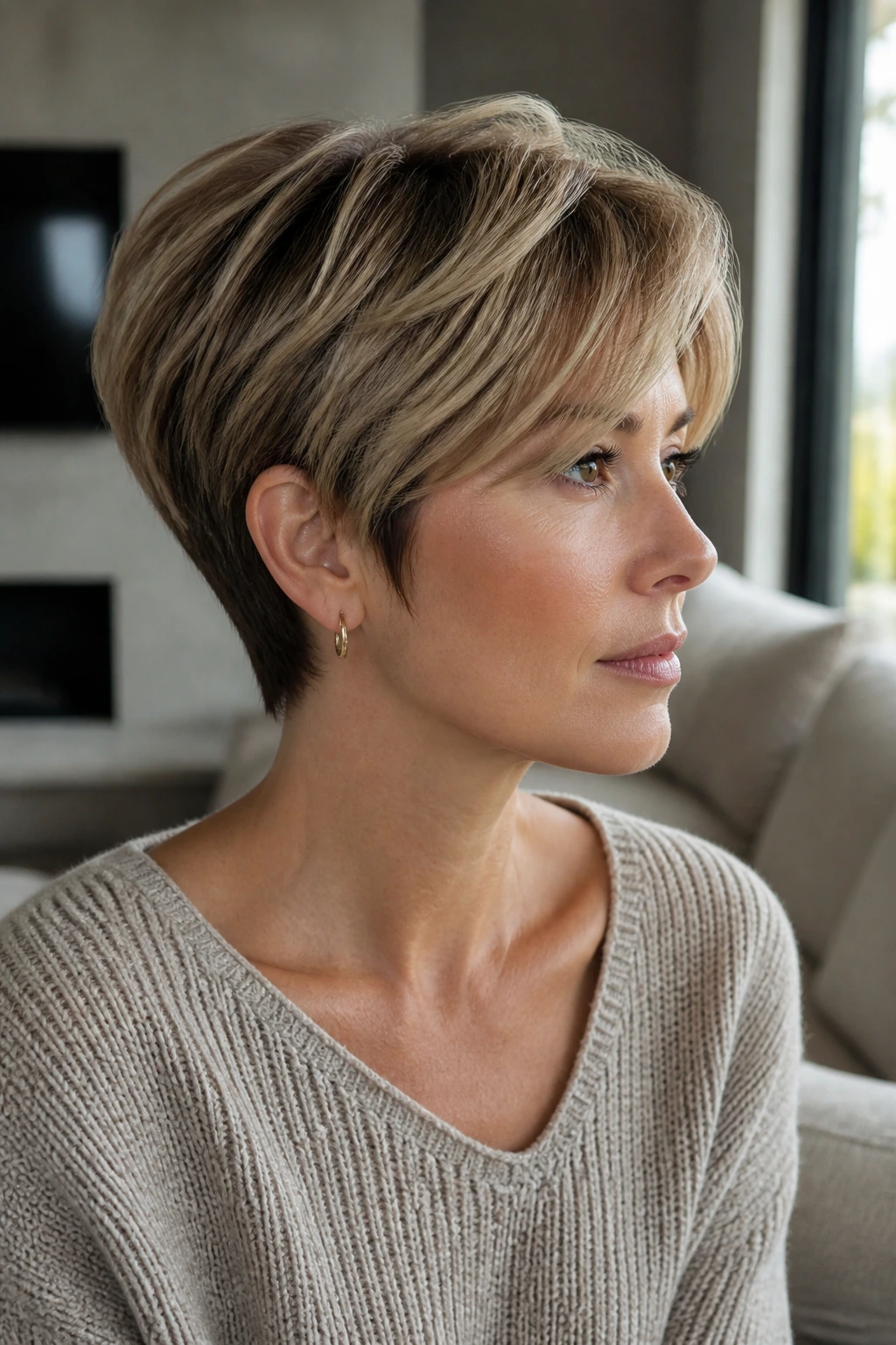 Medium close-up of real woman with long top short nape pixie bob
