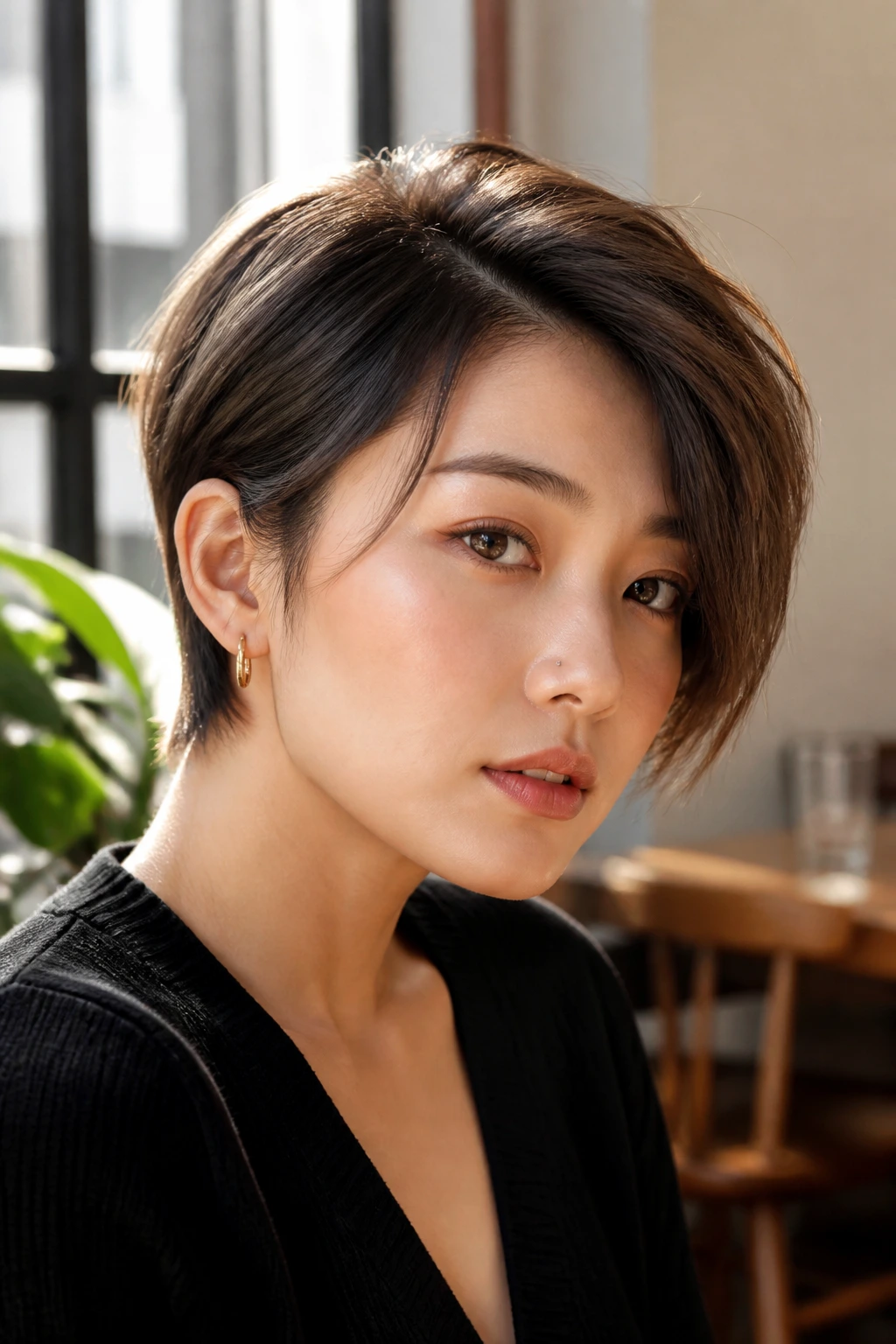 Close-up portrait of Asian woman with pixie-bob and long top layers