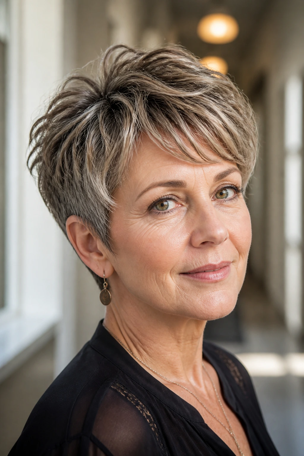 Portrait of a woman with a textured pixie bob and longer crown