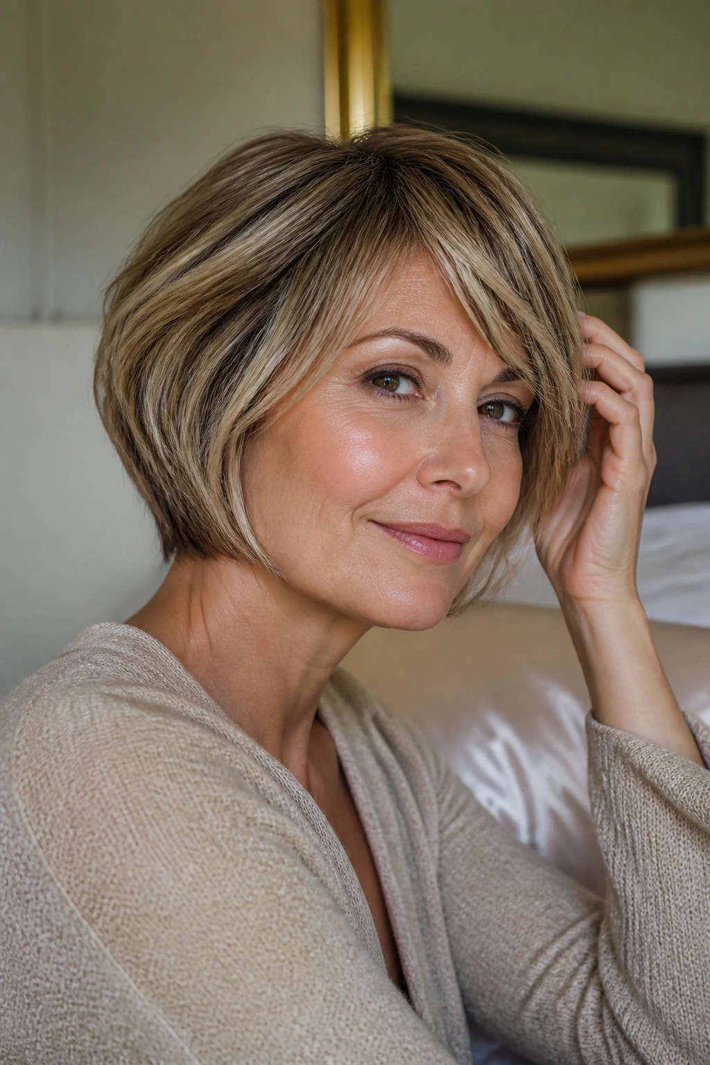 Portrait of a woman with pixie bob in bedroom maintaining look between trims