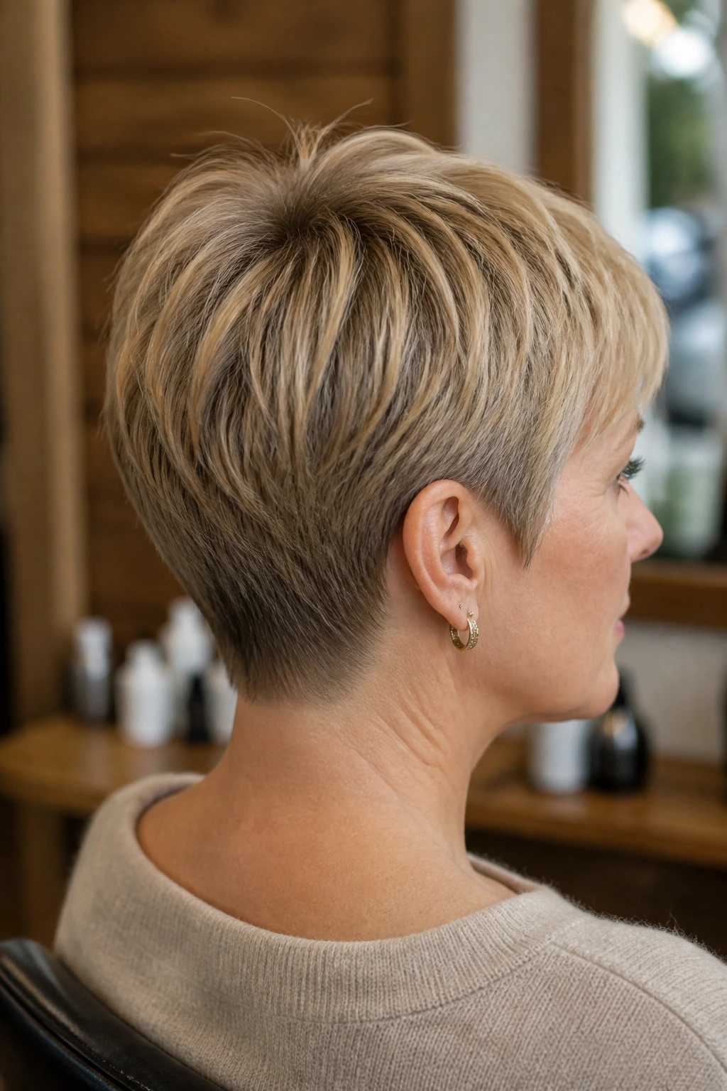 Close-up portrait of a real woman with pixie bob showing tidy nape and growth at crown in warm salon light