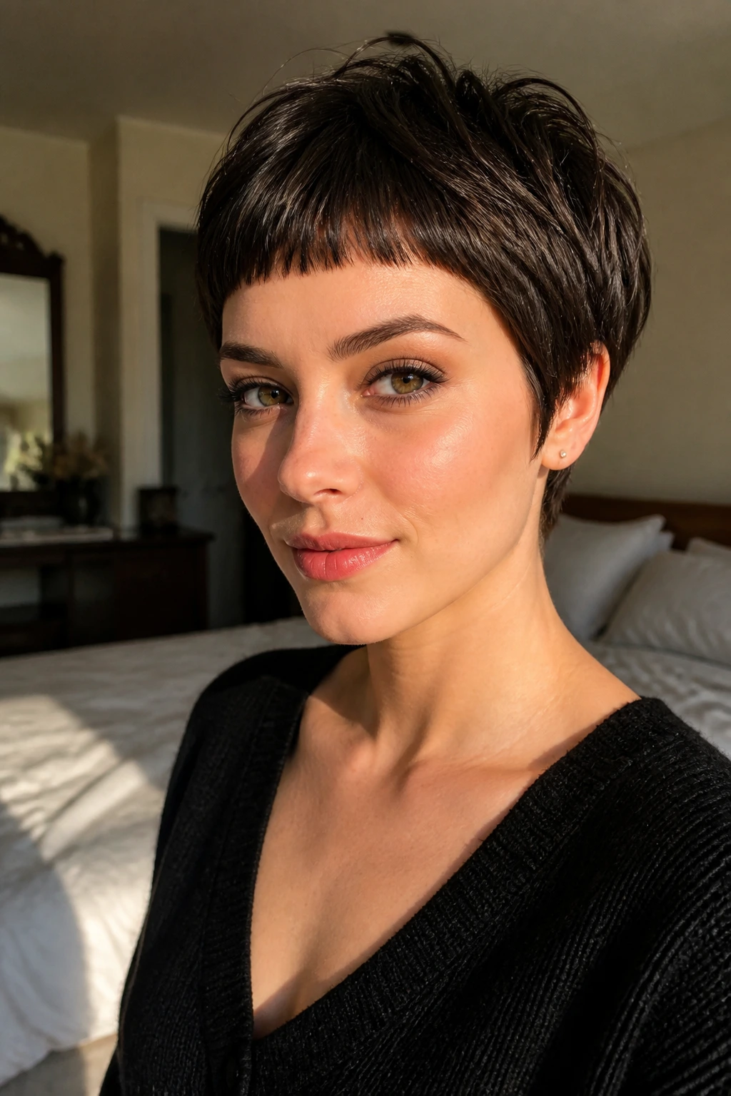 Close-up portrait of a real woman with micro bangs pixie bob