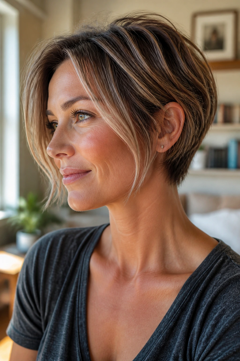 Close-up of a woman with pixie bob showing mood through expression and lighting
