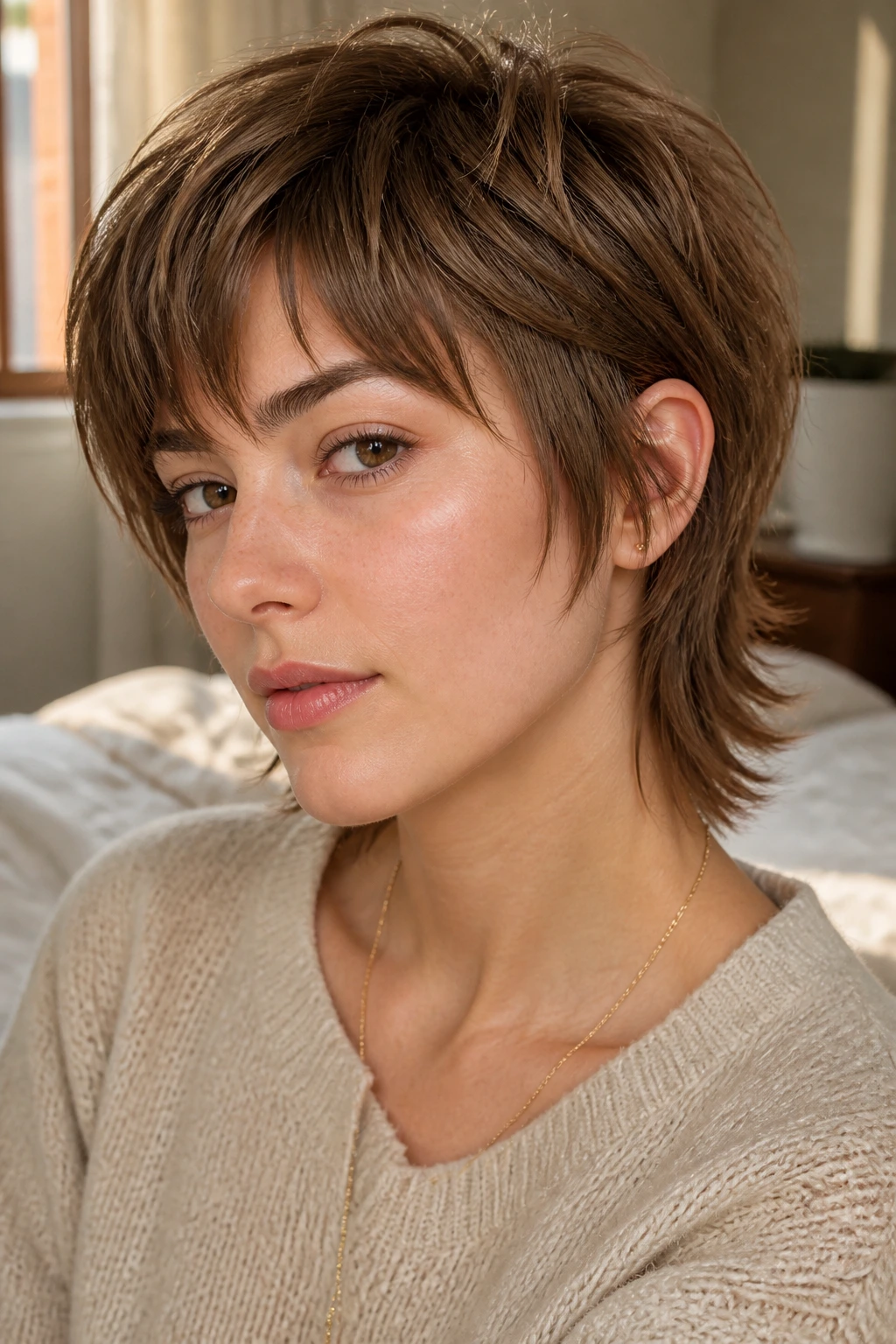 Close-up portrait of a real woman with a soft mullet-leaning pixie bob in cozy bedroom light