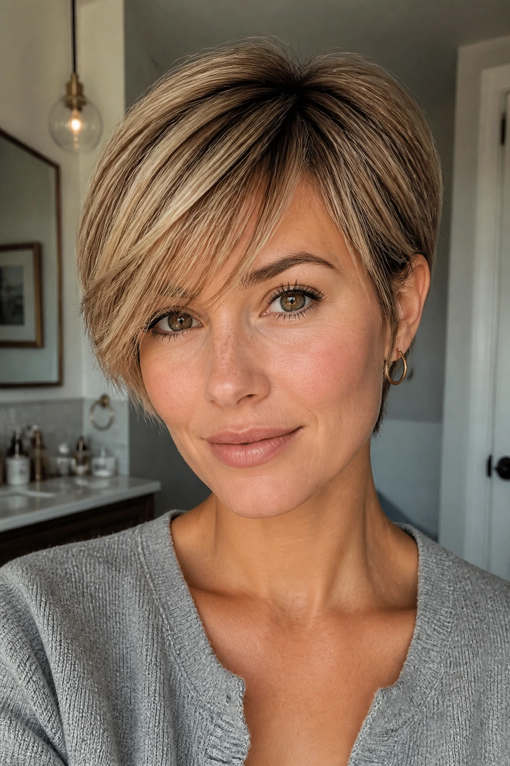 Portrait of pixie bob with intentional part and fringe details.
