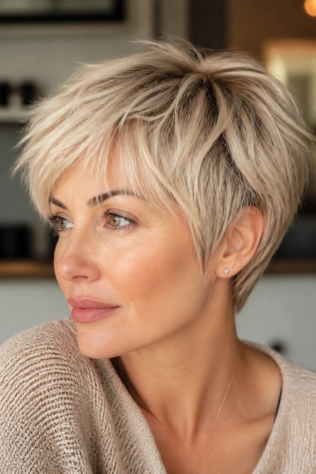 Real woman with a pearl blonde choppy pixie bob, portrait shot