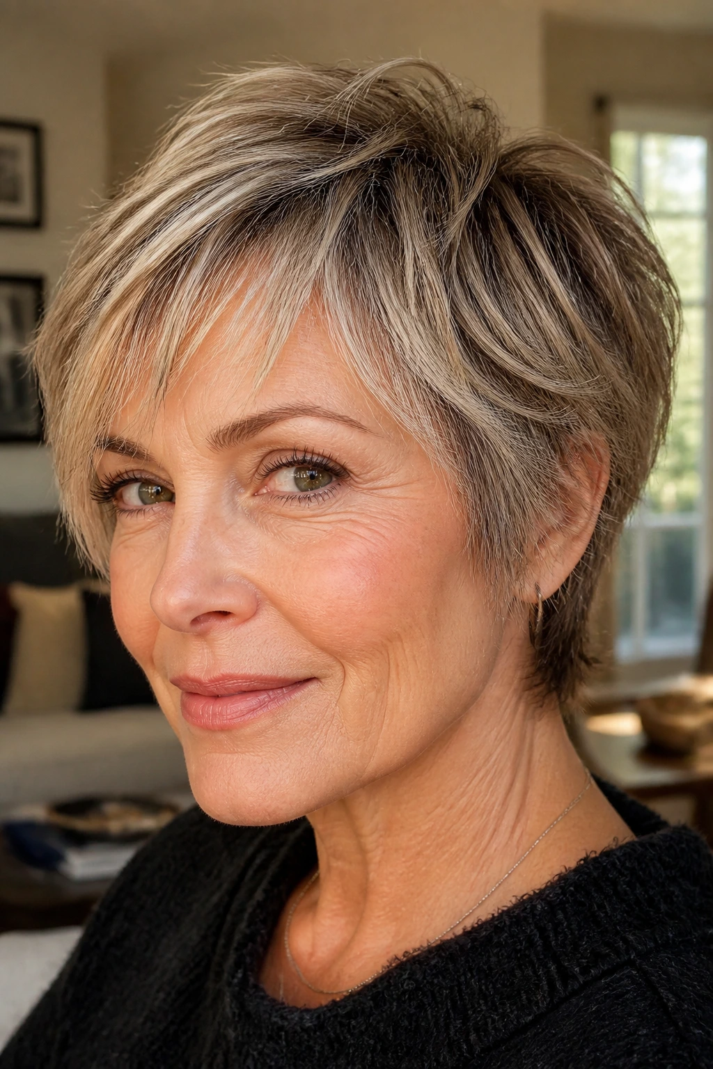 Real woman with a piecey pixie-bob showing textured pieces around the face