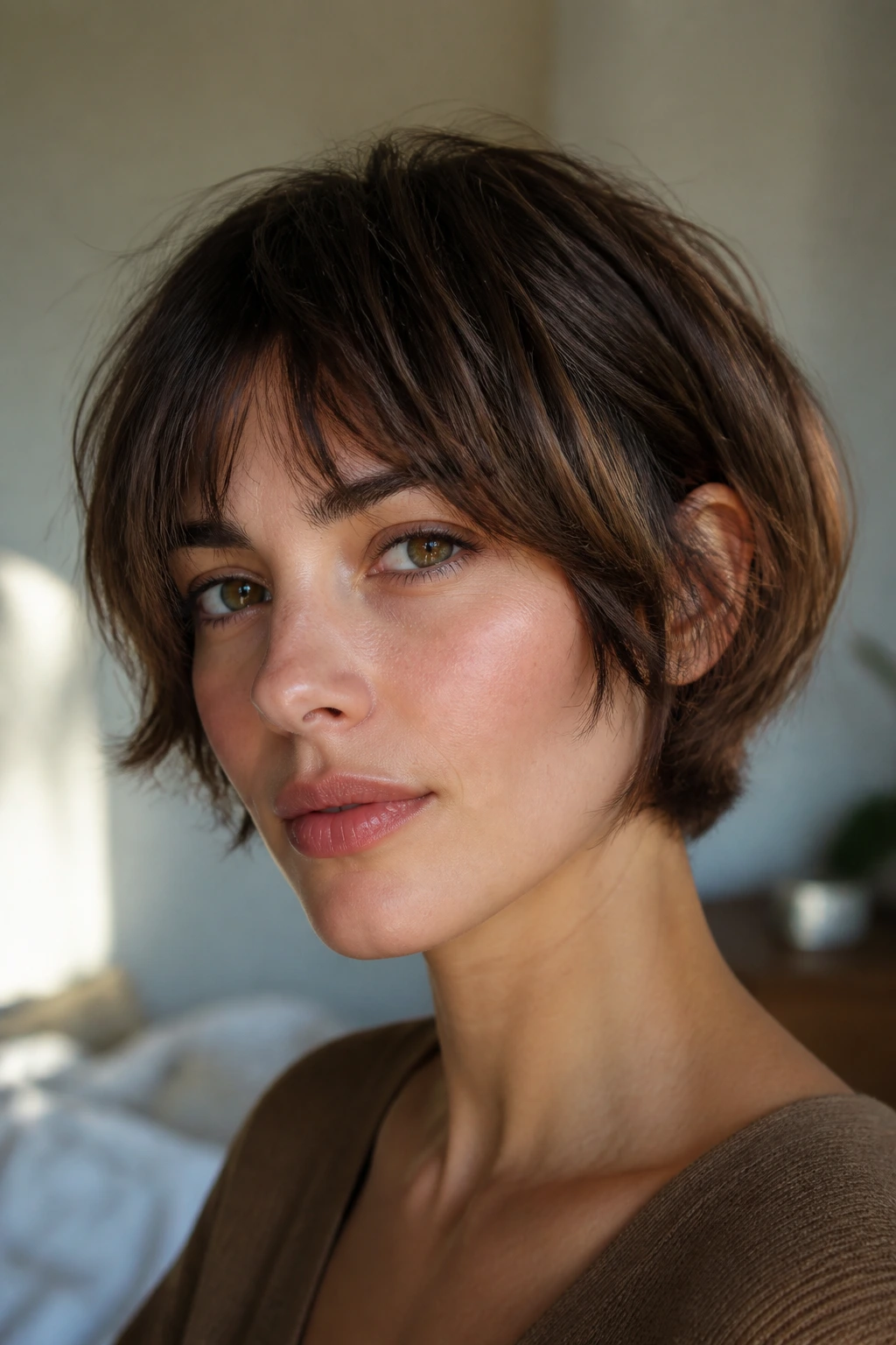 Close-up of a real woman wearing a French-Girl Pixie Bob with tousled fringe.