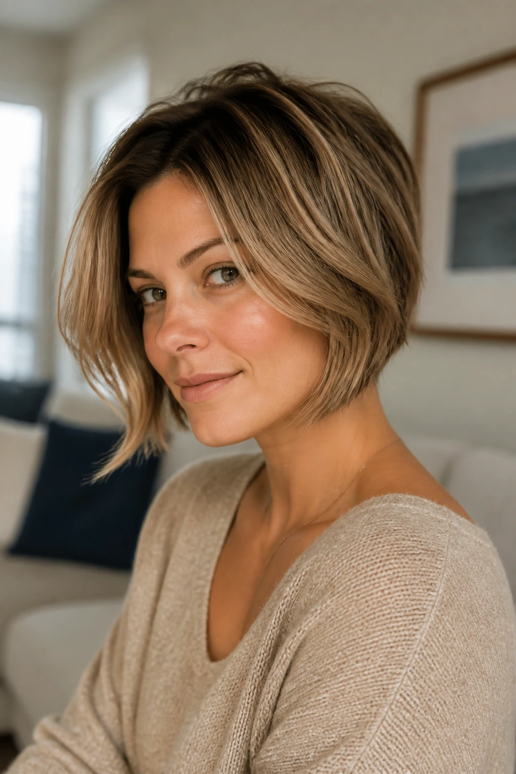 Close-up portrait of a person with a pixie bob framing jaw and cheekbones in a cozy living room