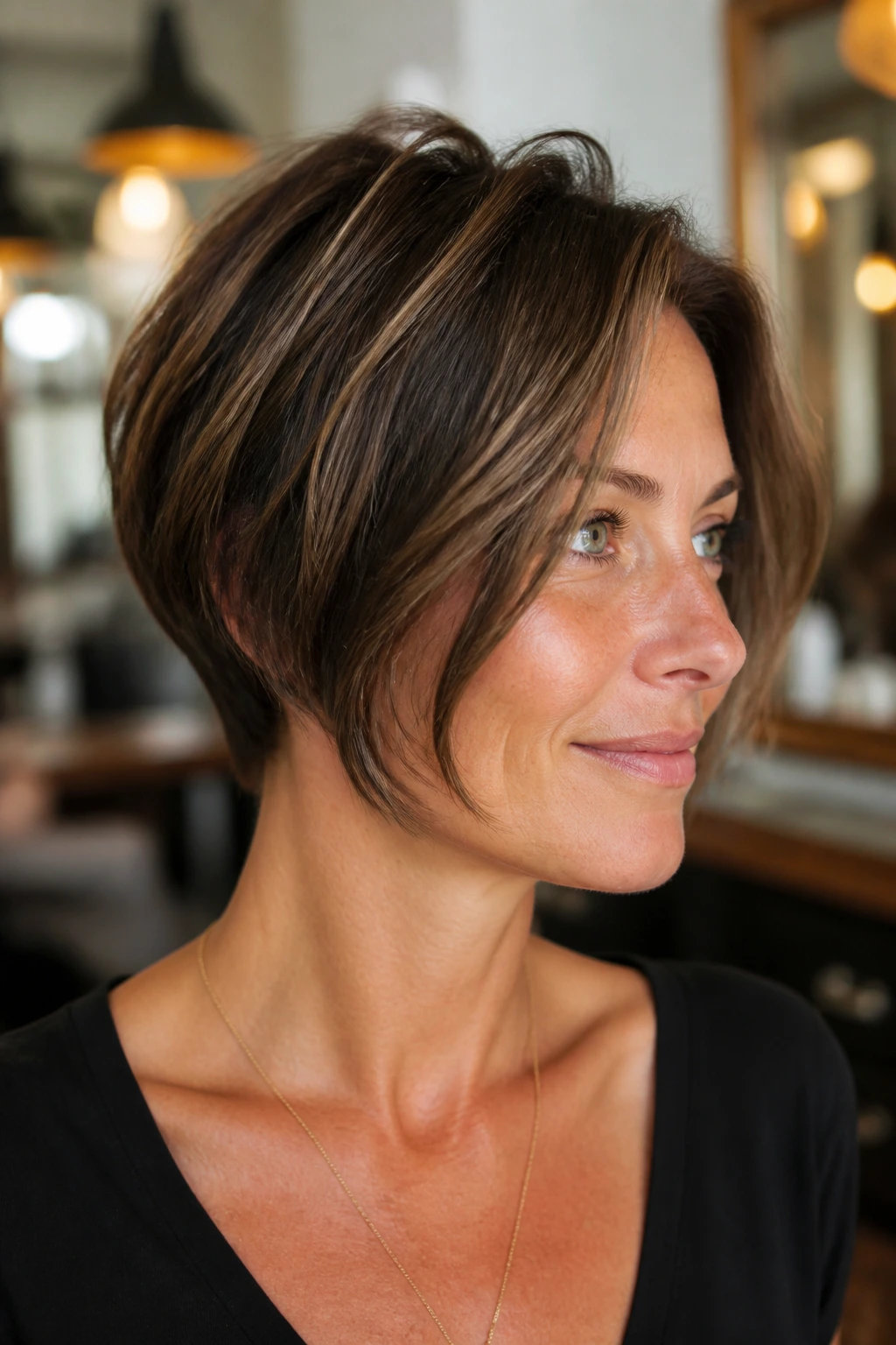 Portrait of a person with pixie bob front length and crown lift in a salon