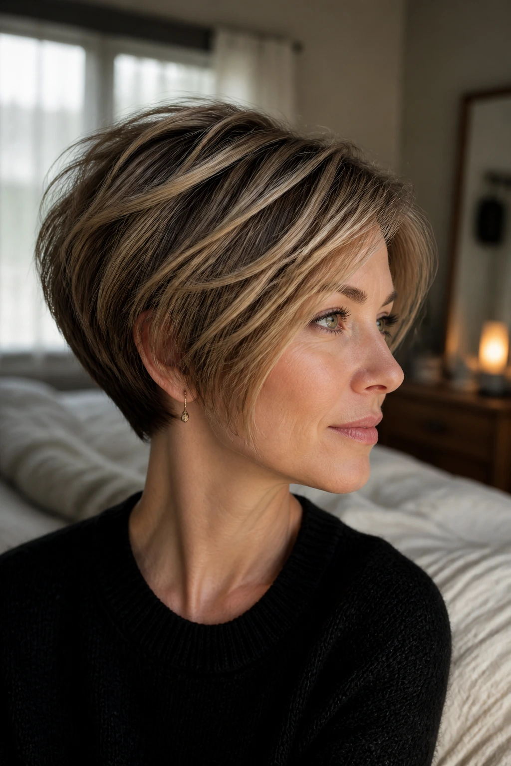 Close-up portrait of a real woman with a pixie bob showing a strong perimeter and lifted crown.