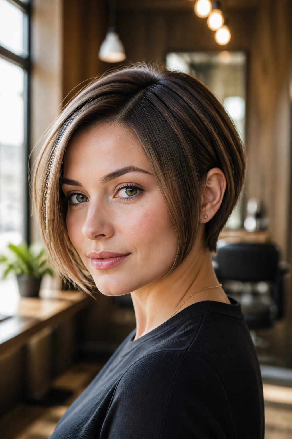 Close-up portrait of a real woman with a Pixie Bob hairstyle showing cheek-skimming length