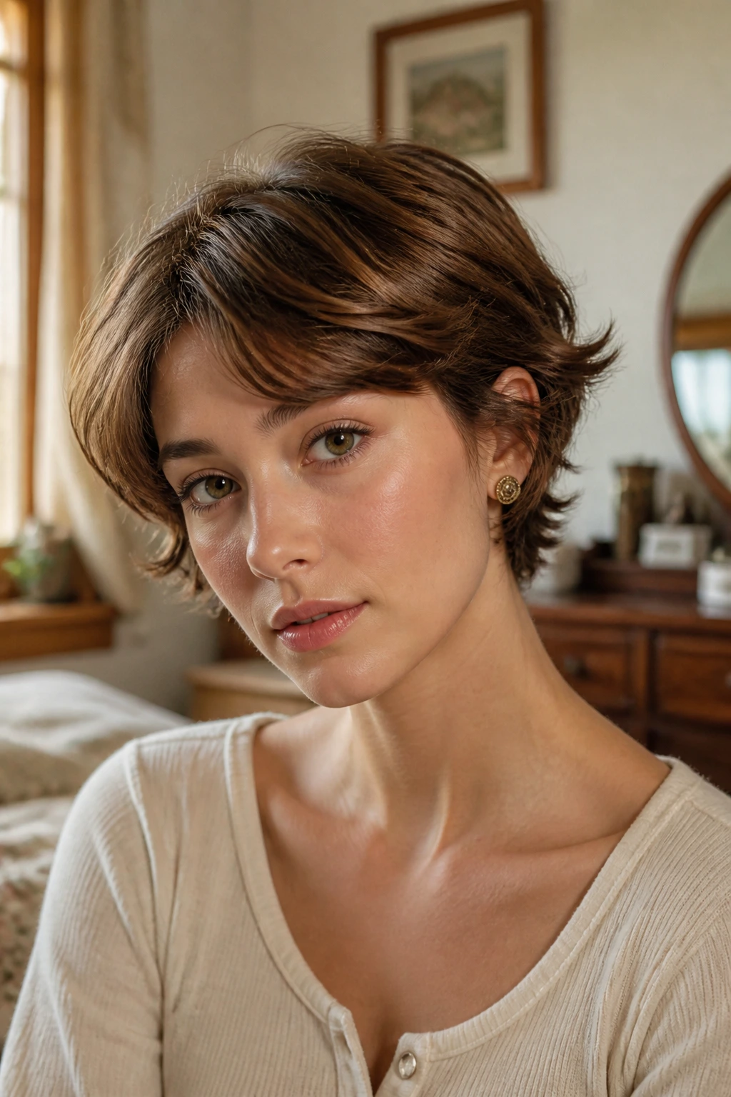 Close-up portrait of a real person with a soft retro flip pixie bob in warm natural light