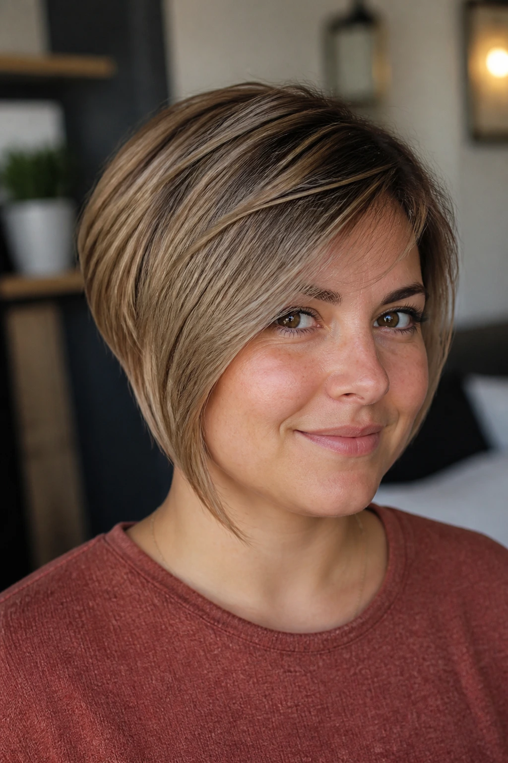 Portrait of a real woman with pixie bob longer front angle and side fringe for round face