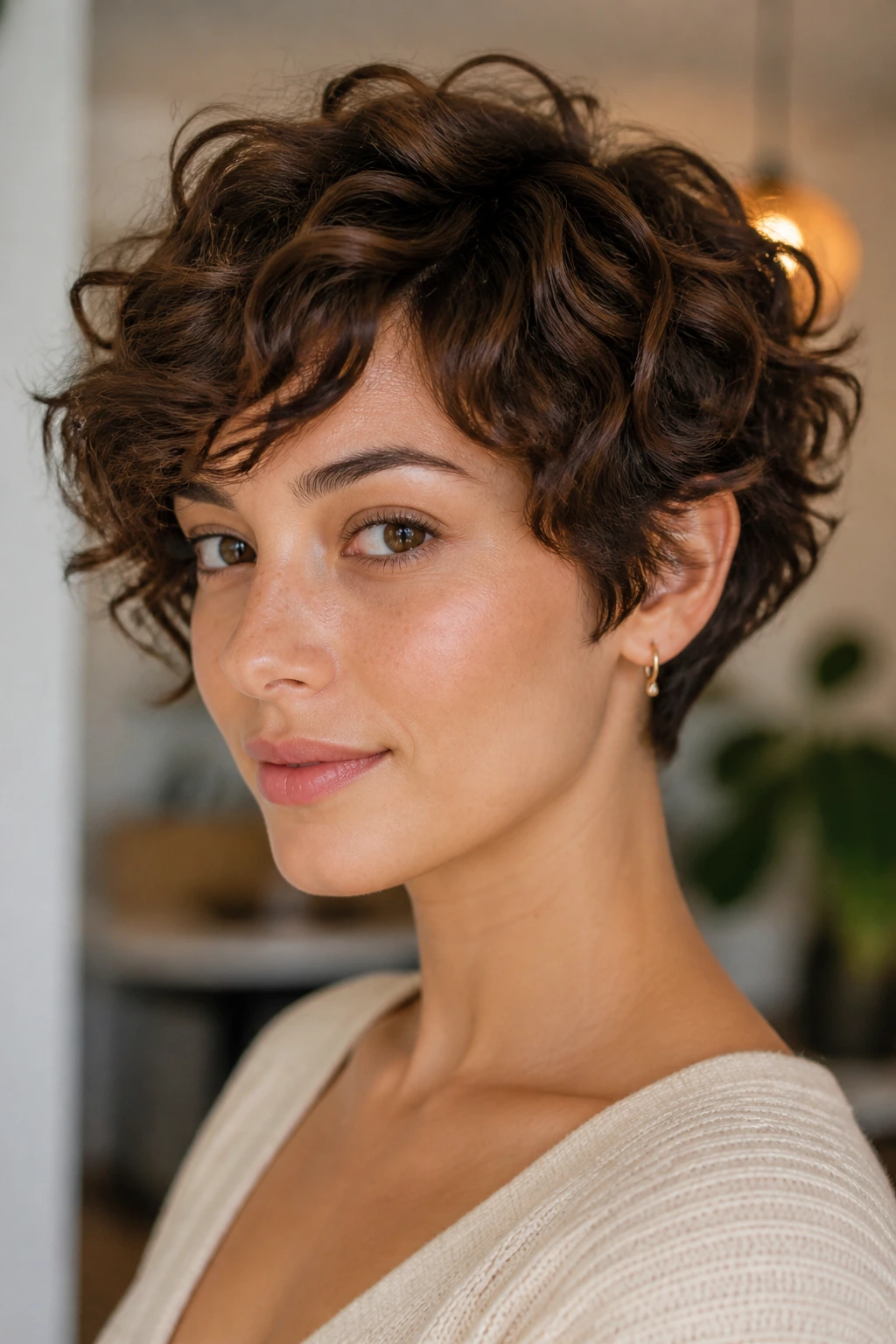 Real person with rounded curly pixie bob in soft indoor light