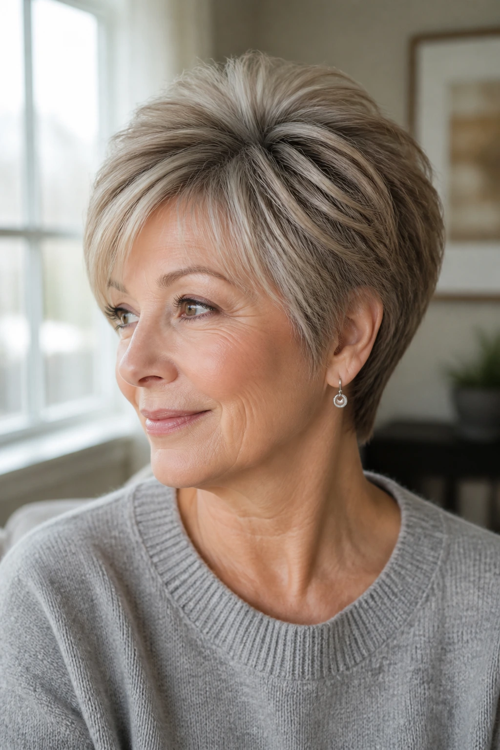 Portrait of woman with rounded pixie-bob and crown lift