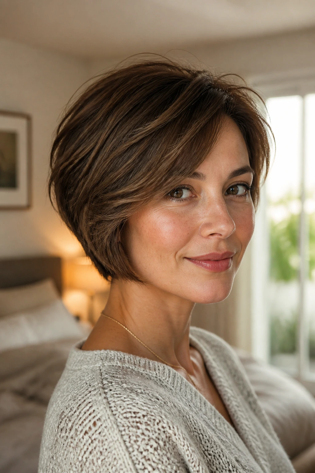 Close-up portrait of a real woman with a pixie bob showing jawline length and cheekbone framing in natural window light.