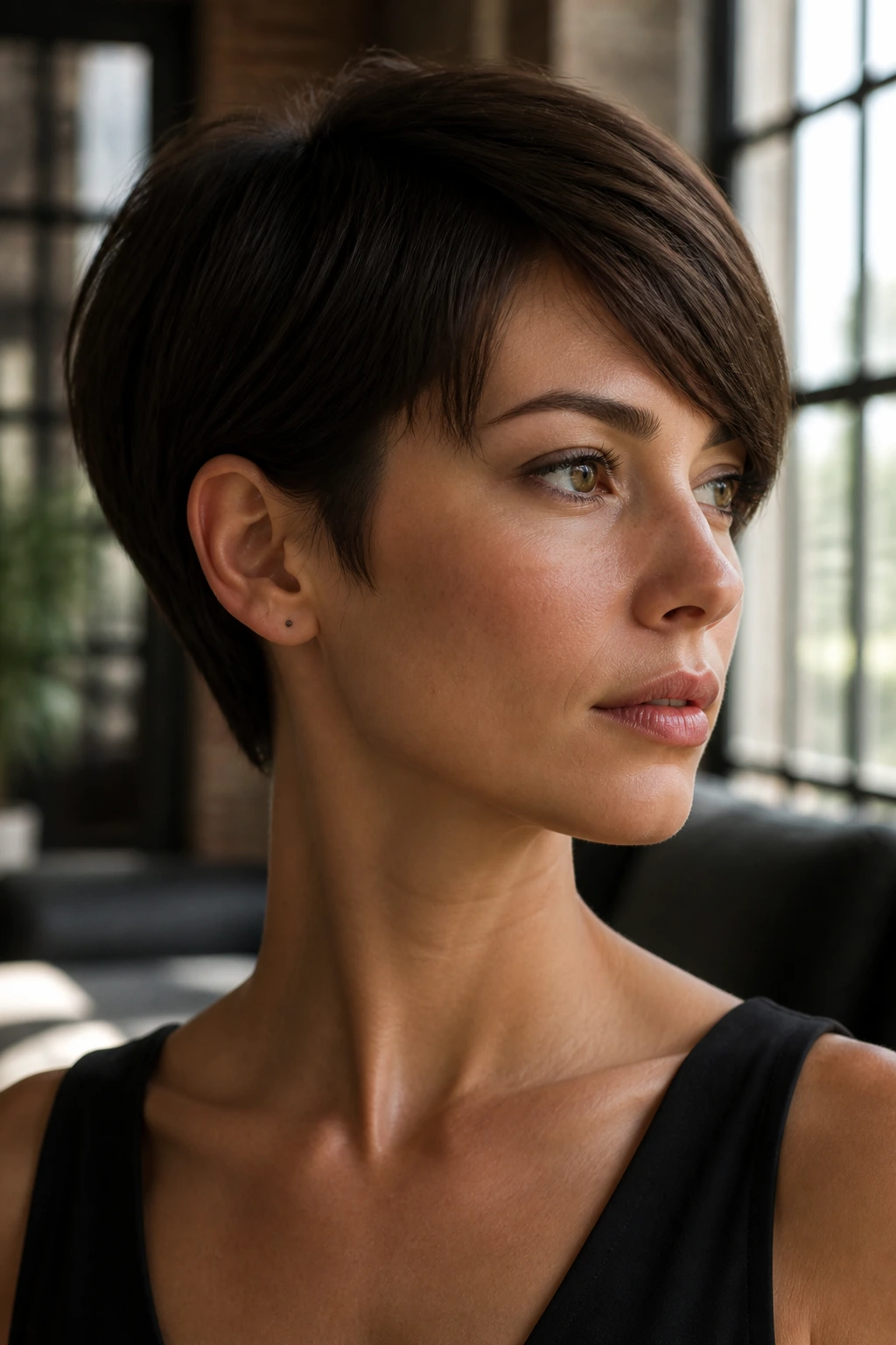 Portrait of a woman with a sharp pixie-bob cut in a sunlit urban loft