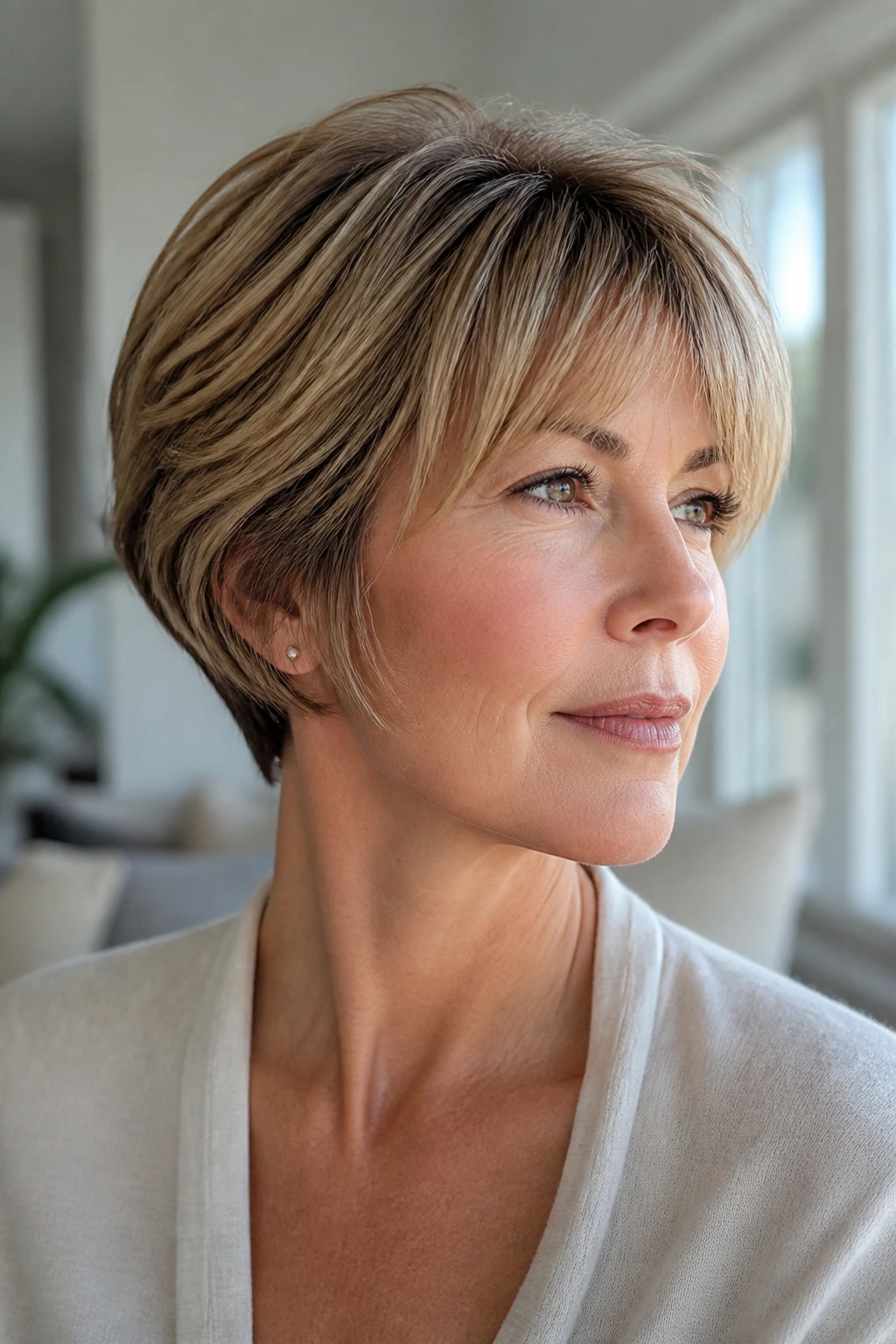 Portrait of a real woman with a sharp pixie bob neckline in a bright room.