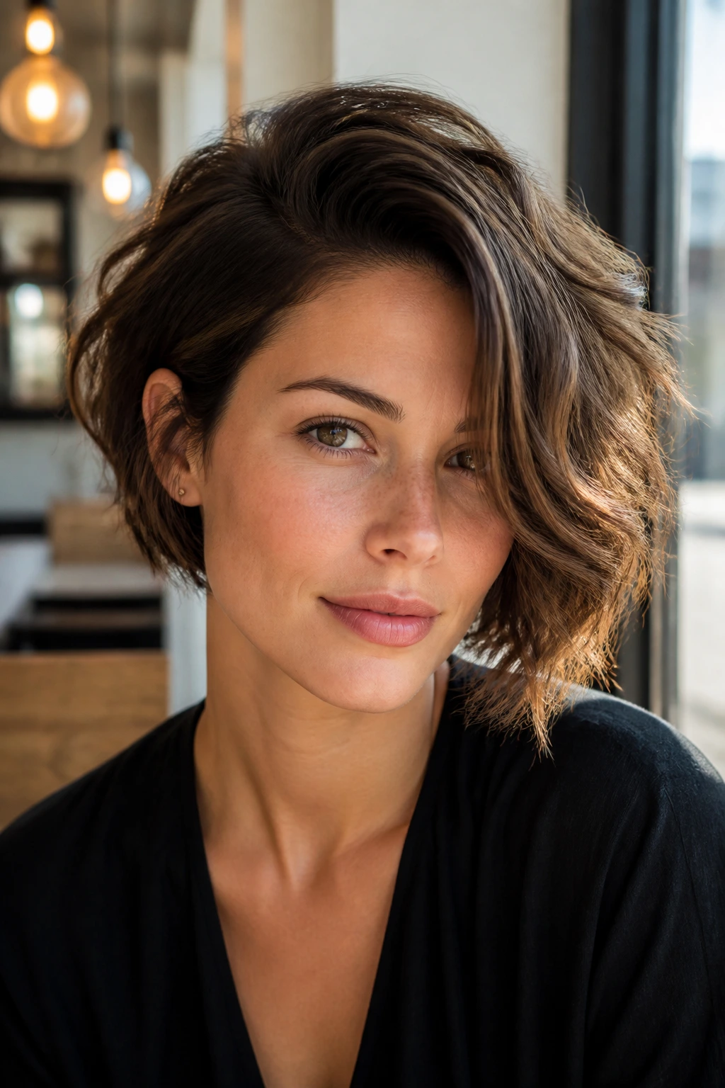 Portrait of a person with deep side-part pixie bob showing lift