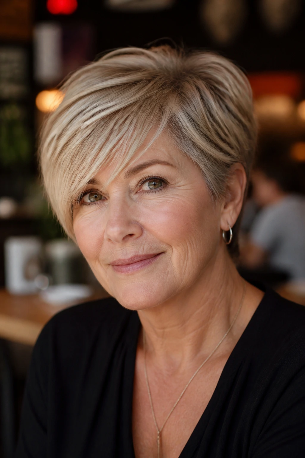 Portrait of a woman with a side-swept pixie bob and diagonal fullness.