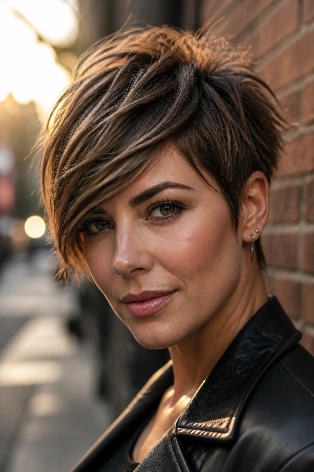 Portrait of a real person wearing shattered pixie-bob fringe in urban setting