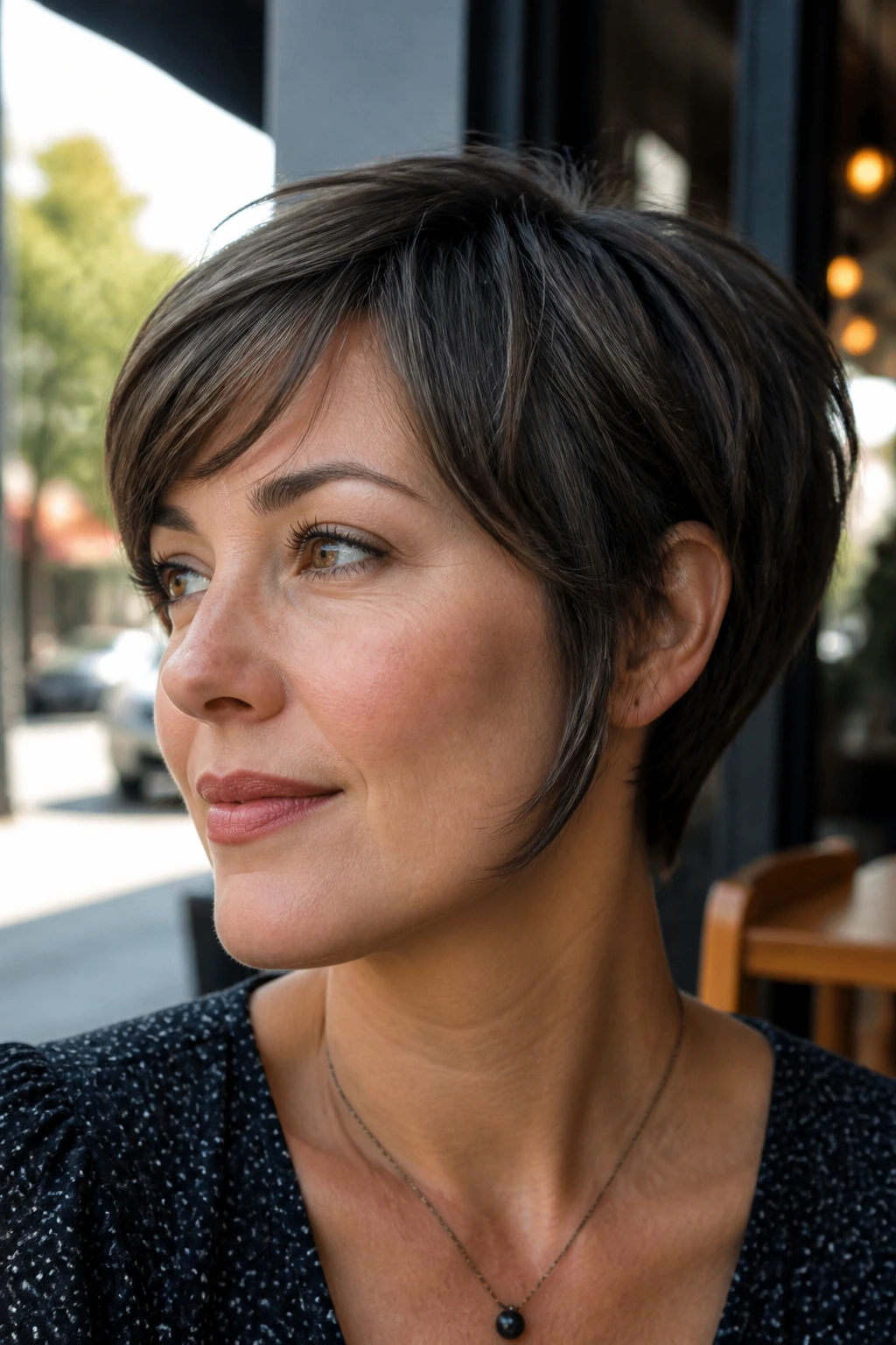Real woman with longer sideburns in a pixie bob framing the jaw.