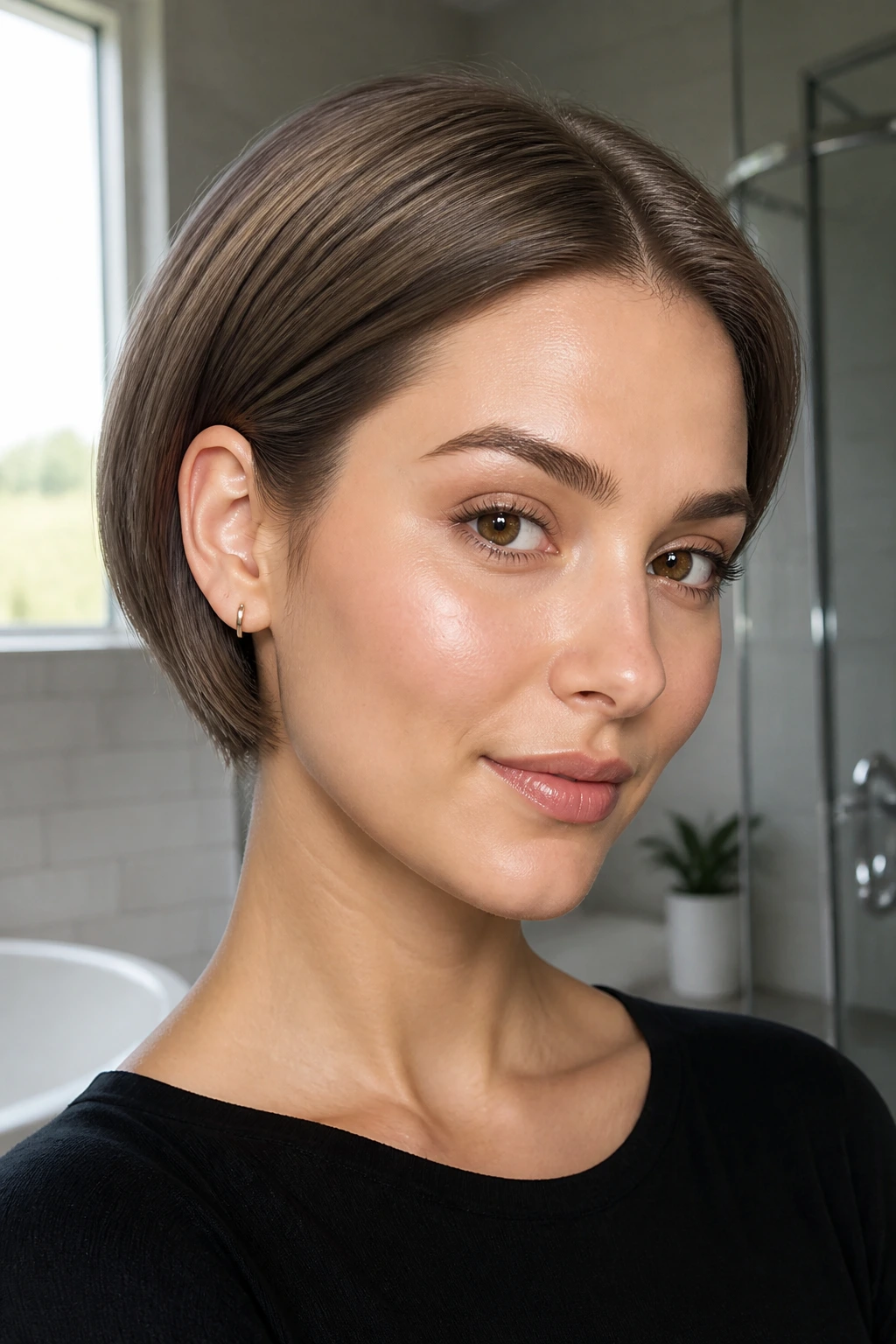 Real woman with sleek ear tucked pixie bob.