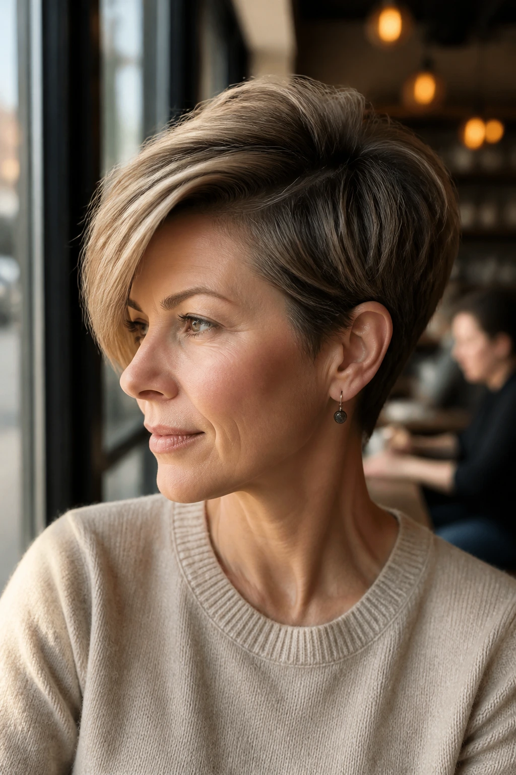 Portrait of real woman with swept-over volume pixie bob