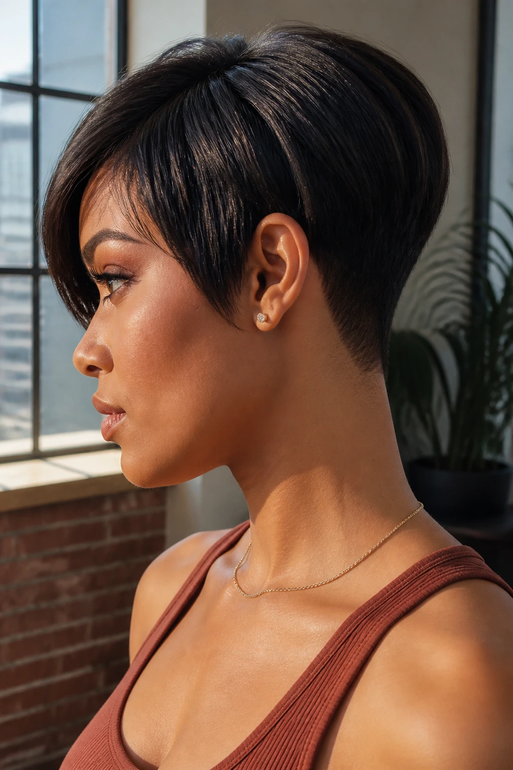 Portrait of a real woman with pixie-bob hybrid and tapered nape