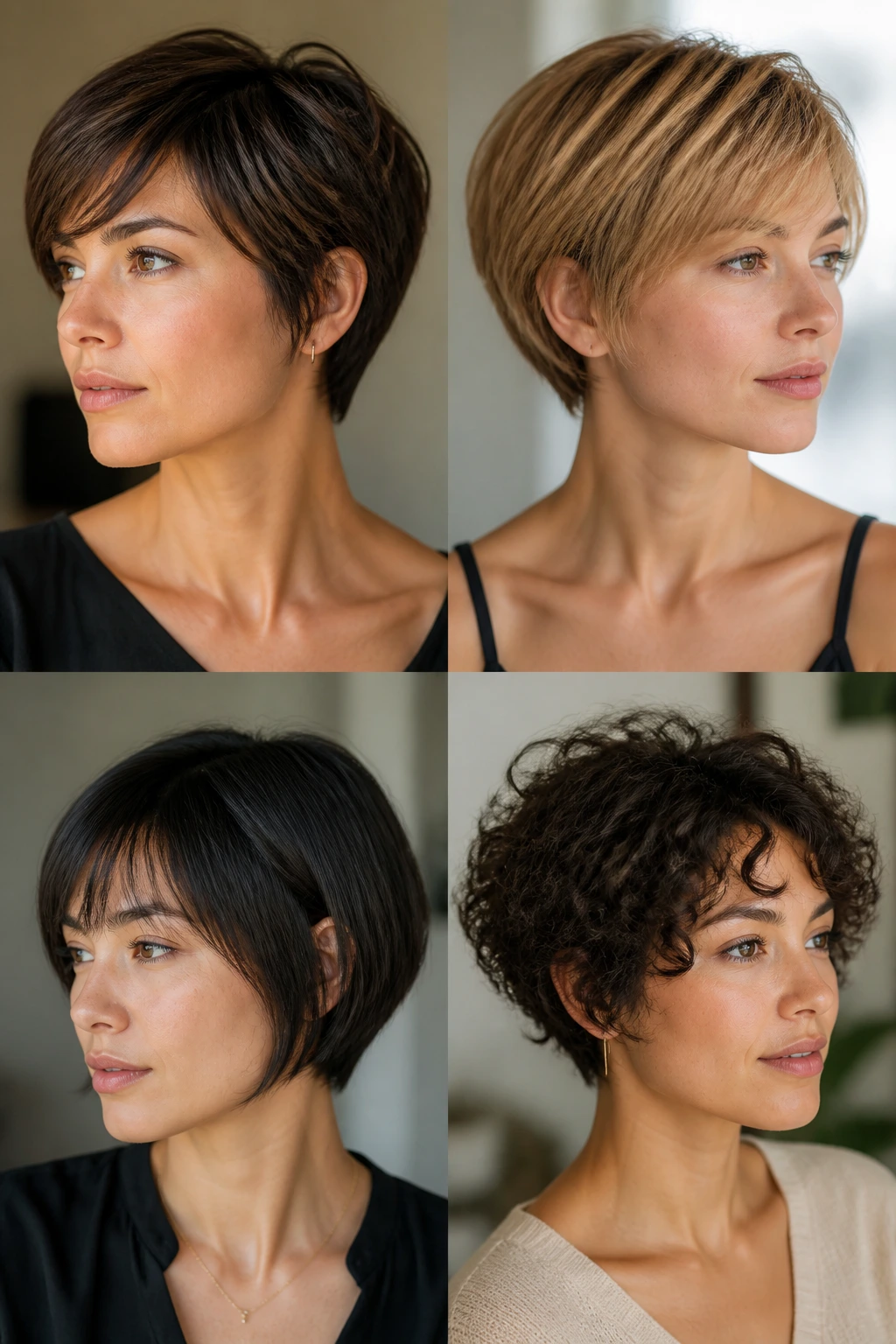 Portrait of a real woman with a textured pixie bob showing varied hair texture.