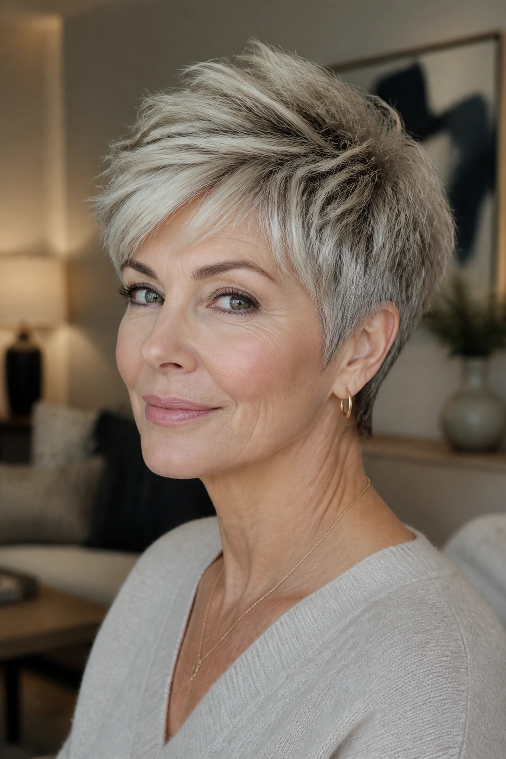 Close-up of older woman with textured pixie-bob and longer crown indoors