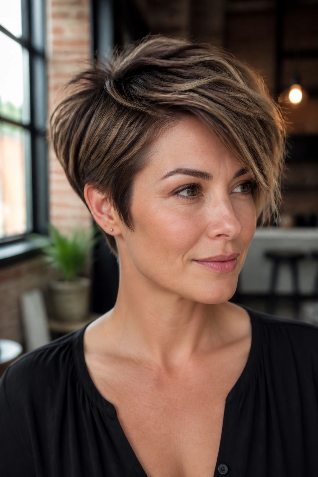 Real person with textured pixie-bob and swept-over top, portrait shot
