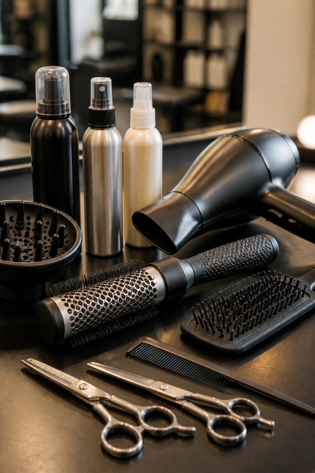 Close-up of essential pixie bob styling tools arranged on a salon counter.
