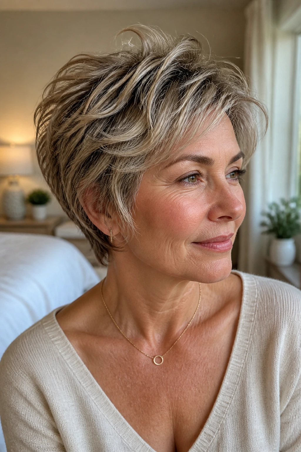 Close-up portrait of a real woman with a tousled pixie-bob showing neckline lift.