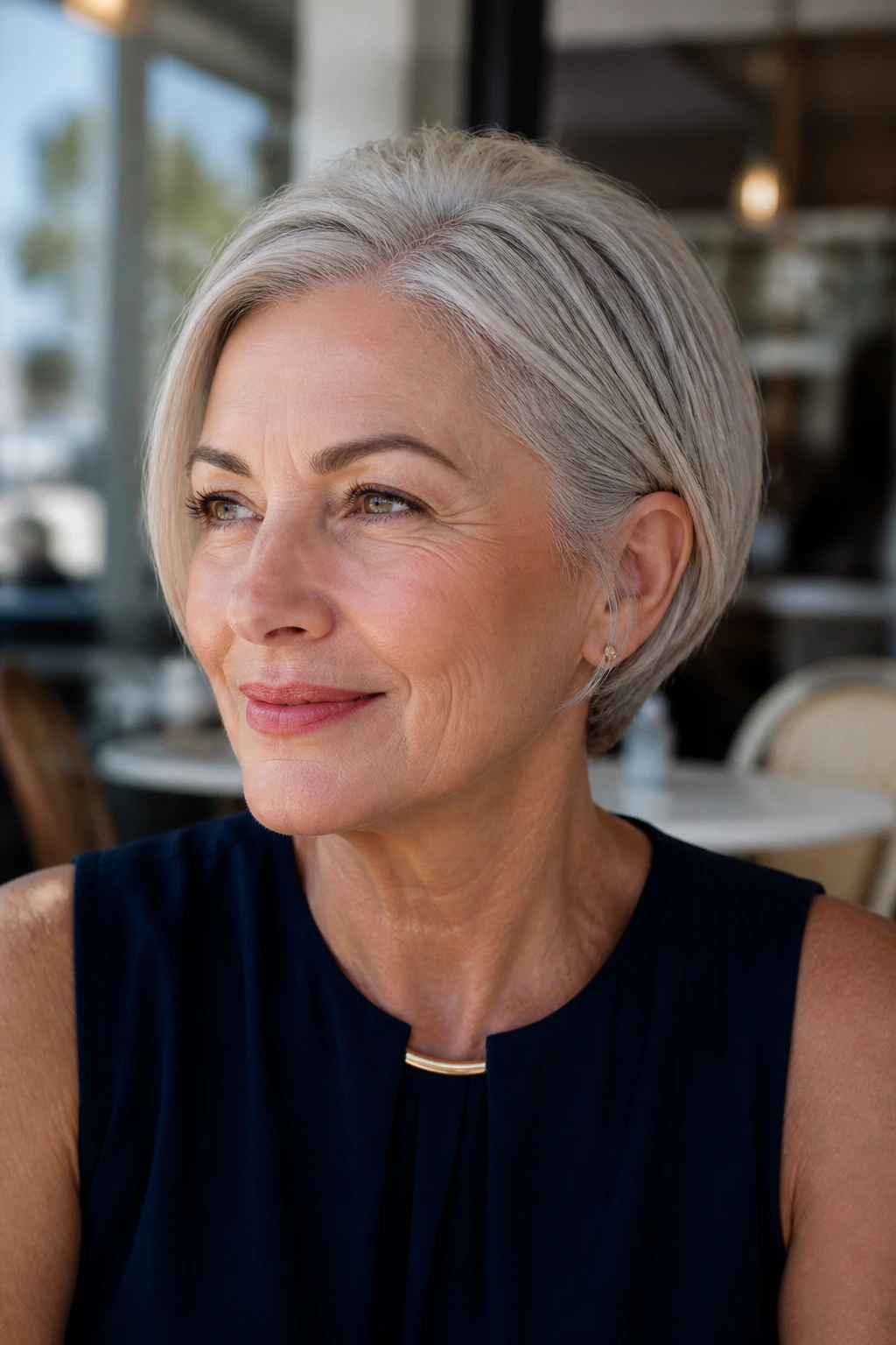 Close-up portrait of a real woman with a pixie bob tucked at the sides