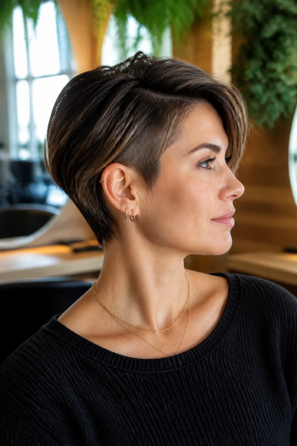 Close-up portrait of a real woman with Pixie-Bob Undercut Hybrid hairstyle in a sunlit salon