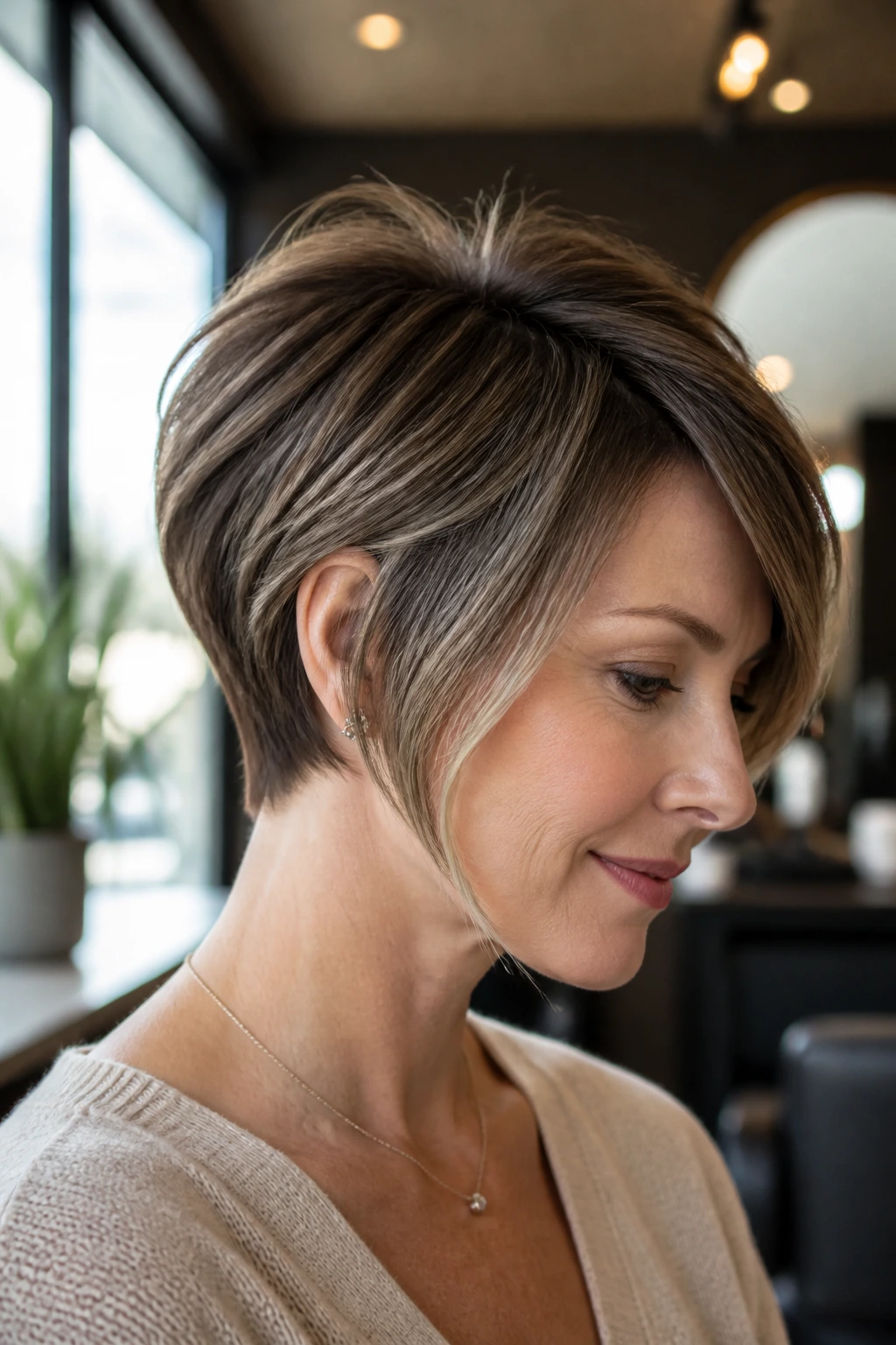 Close-up of a real woman's pixie bob showing crown lift and jawline-length variations in warm salon light