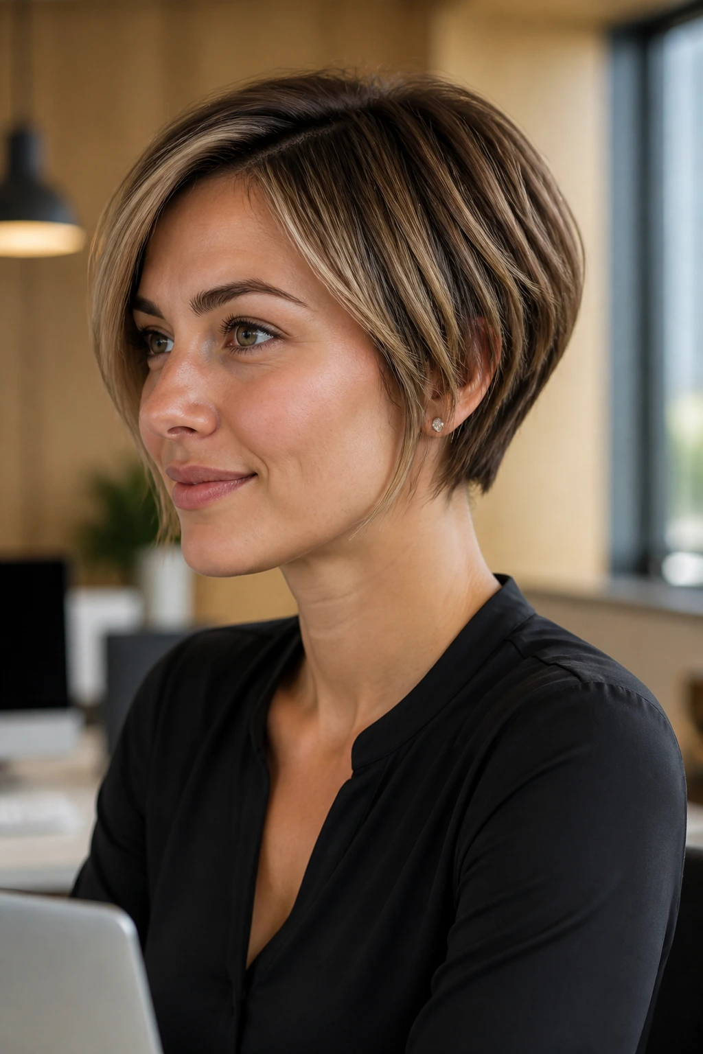 Close-up portrait of a woman with a pixie bob showing a neat nape and soft jawline in an office setting