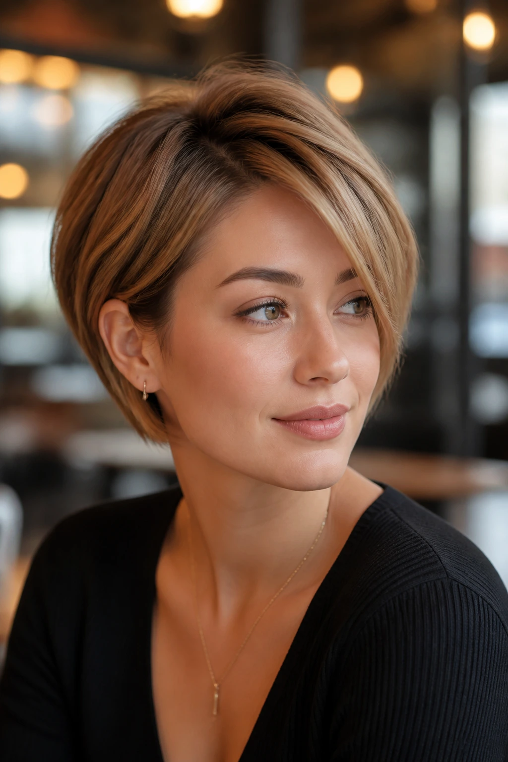 Real woman with a versatile pixie bob in a chic indoor setting.