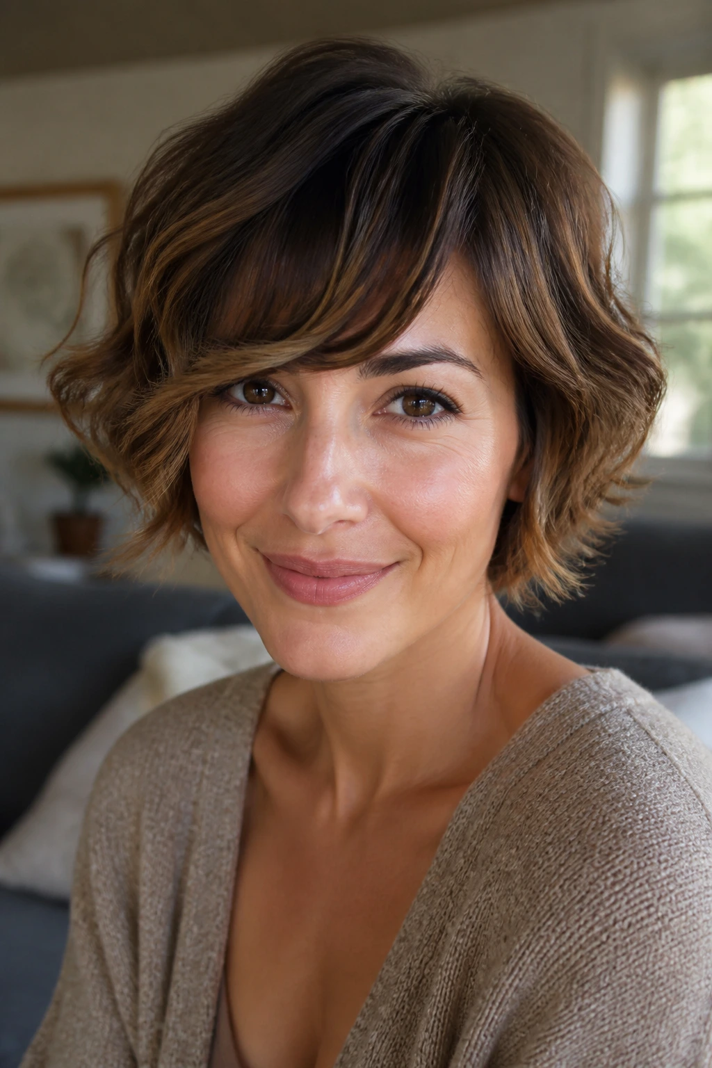 Real woman with romantic waves in a pixie bob around the jaw.