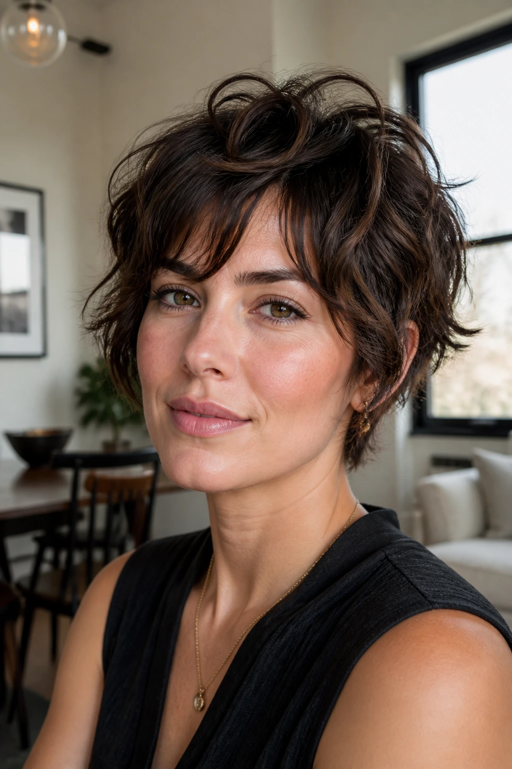 Close-up of a real woman with piecey pixie-bob waves and textured pieces