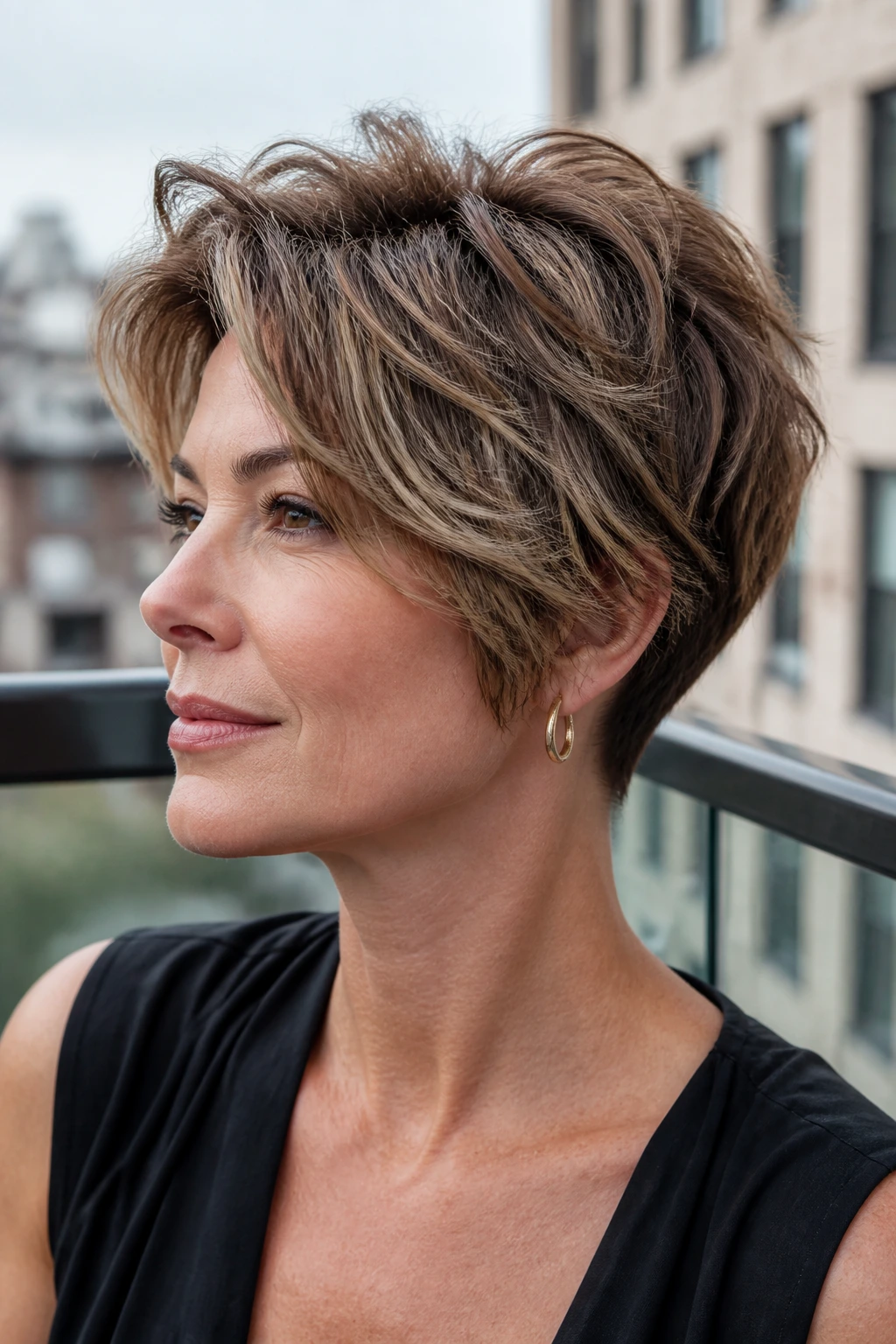 Portrait of a person showing pixie bob weight distribution at crown and nape