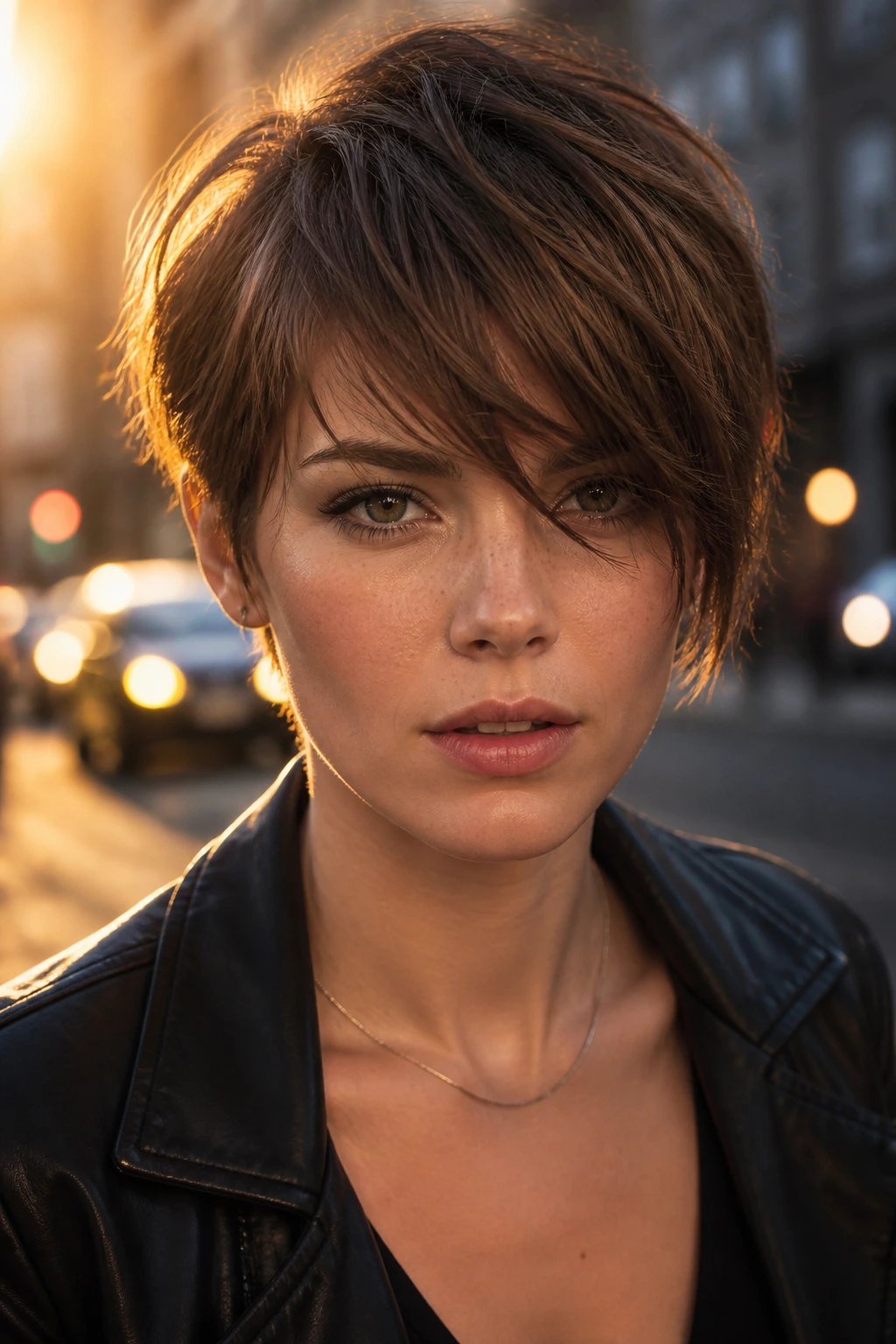 Real person with edgy pixie-bob and wispy bangs in golden hour light