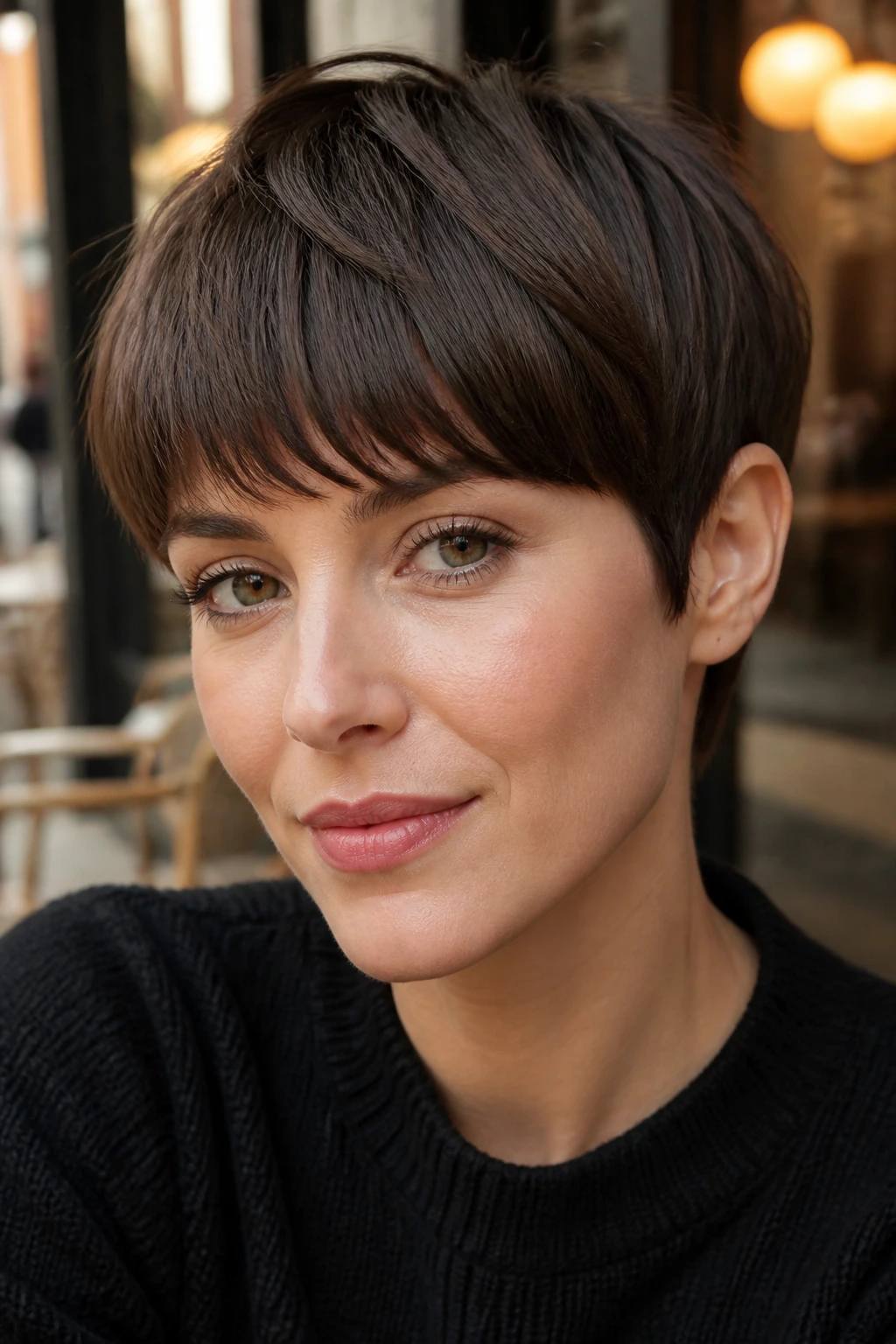 Close-up portrait of a real woman with a bowl-inspired pixie and soft edges in an urban cafe.