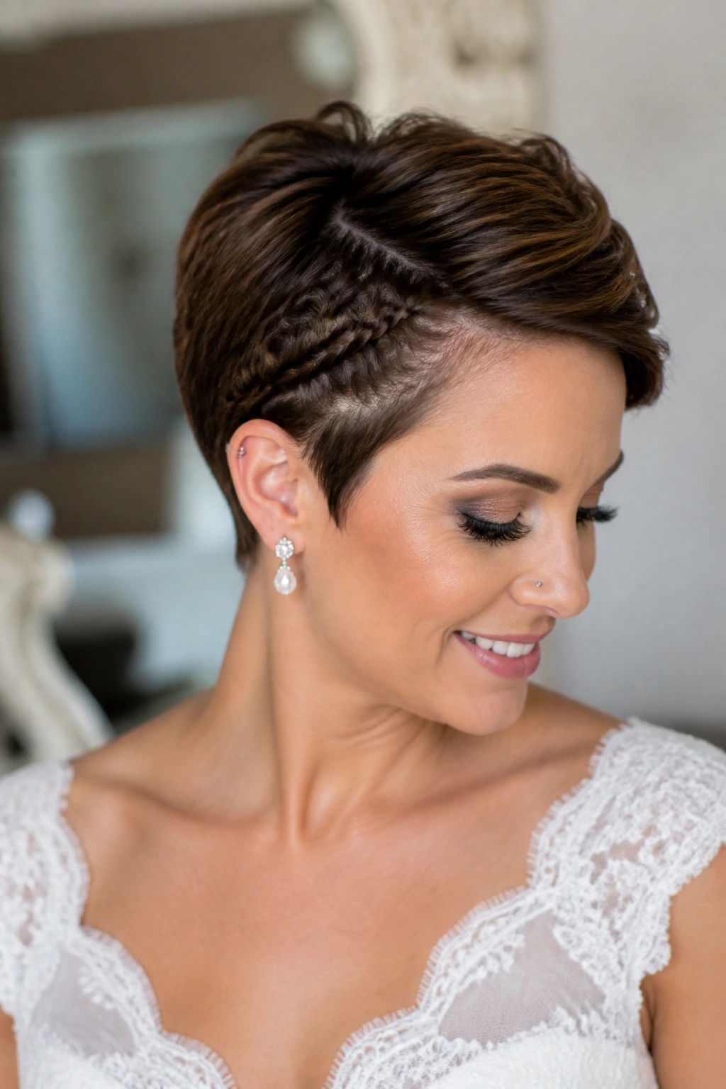 Close-up of a real bride with a hidden accent braid at the hairline