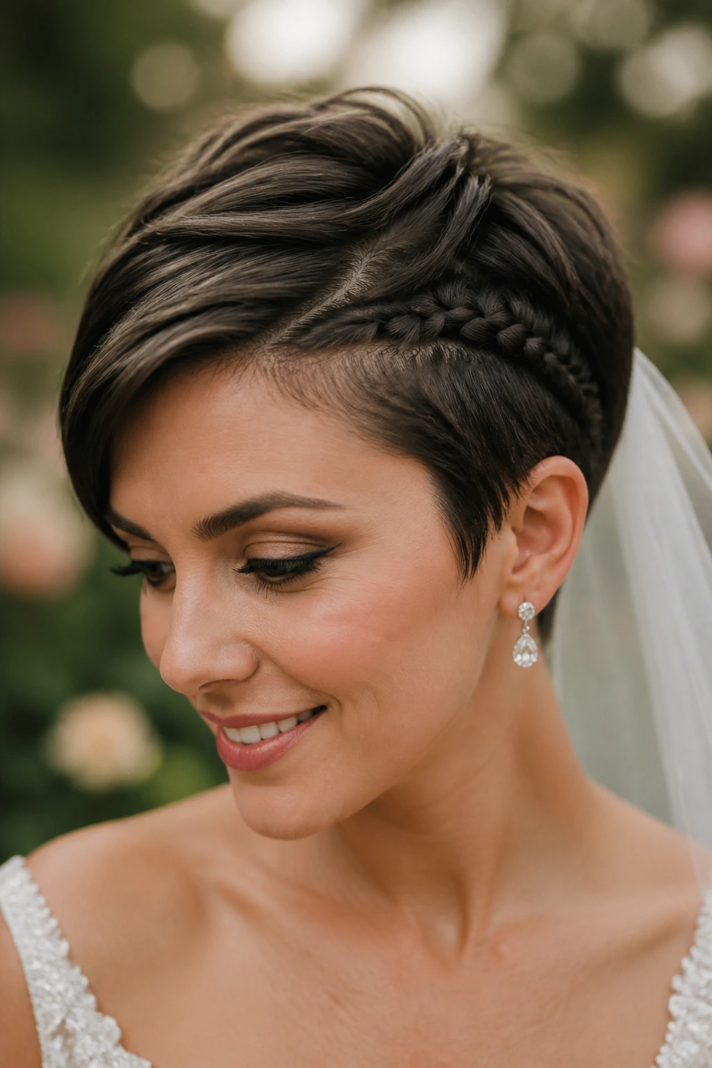 Bride with braided temple pixie on a sunlit garden setting