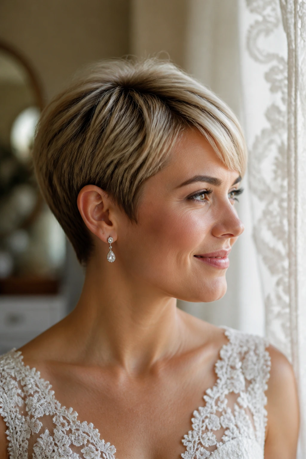 Close-up of a real bride with a soft rounded pixie and gentle crown fullness in a sunlit bridal room